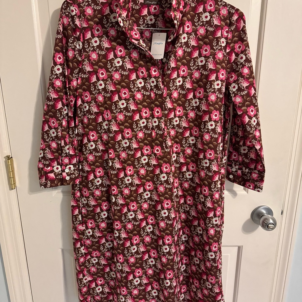 J McLaughlin Floral Pink and Brown XS knee length dress 3/4 sleeves, funnel neck